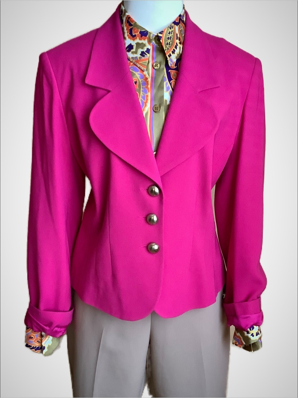 LOUBEN Vintage 80s Fuchsia Pink Cropped Blazer Tailored Suit Jacket L 14